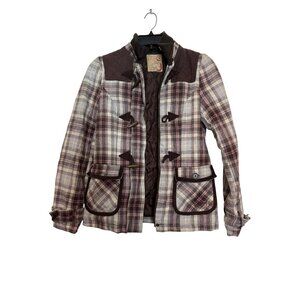 Vintage Billabong Plaid Toggle Jacket Women Medium Brown Pink Wool Blend Quilted